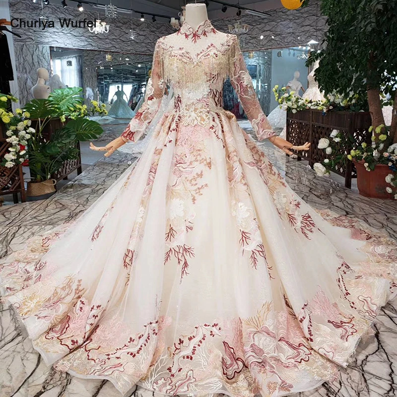 

HTL337 muslim evening dress 2019 for women floor length tassel high neck long tulle sleeve evening gown vestido de festa longo