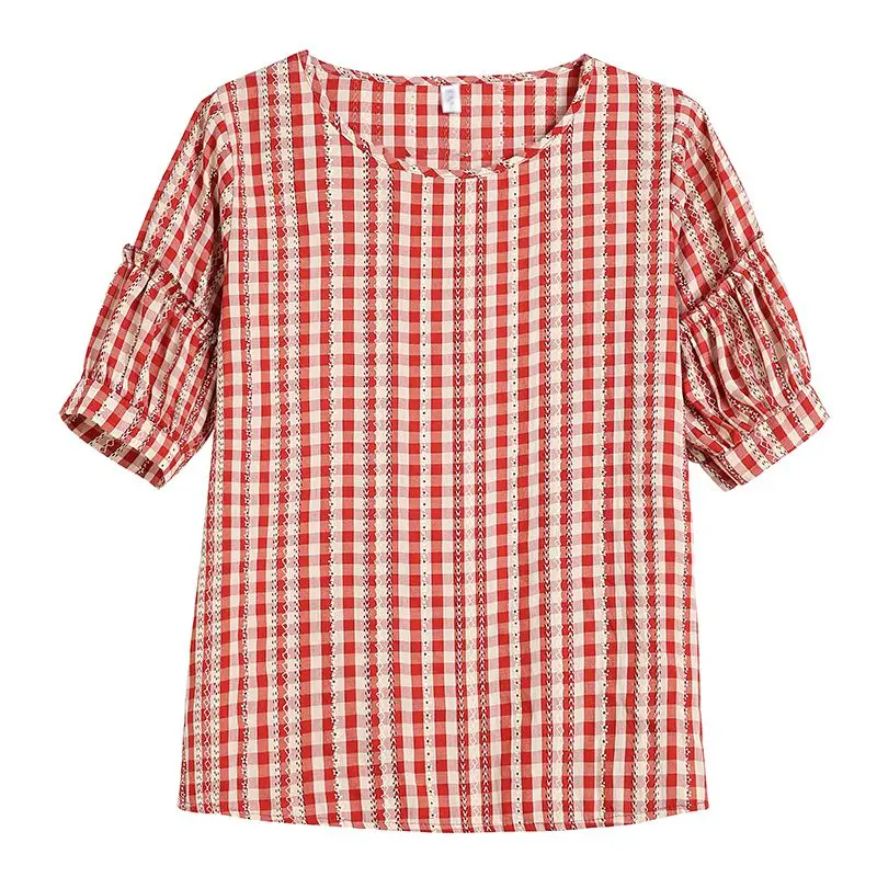  New Cute Women Shirts Plaid Short Sleeve Chiffon O-Neck Small Blouse Shirt Grey It All 588