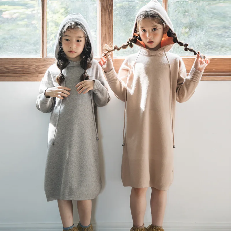 Comprar Vestido de niñas suéter con capucha vestido largo para niñas Otoño Invierno vestido de fiesta de manga larga ropa para niños vestidos de princesa