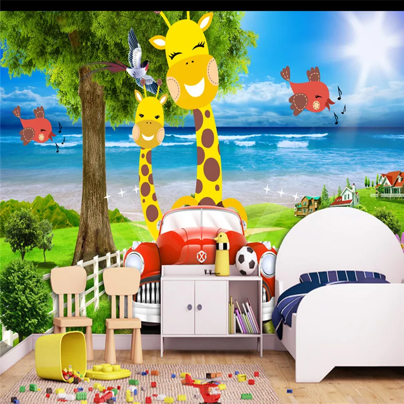 3D Custom Cartoon Pattern Wallpapers Kids Murals for Children's Room Background Giraffe Car Mural Tree Sea Pictures Walls Paper |