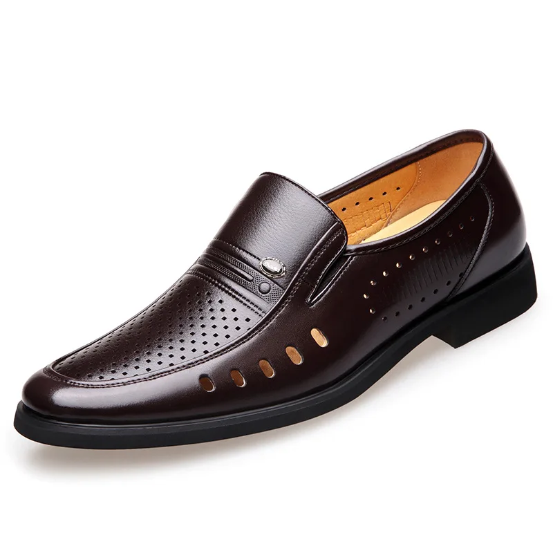 

2018 Summer Men Fashion Pointed Toe Flats Hollow Out Leather Dress Shoes Male Office Business Breathable Brand Oversize Shoes