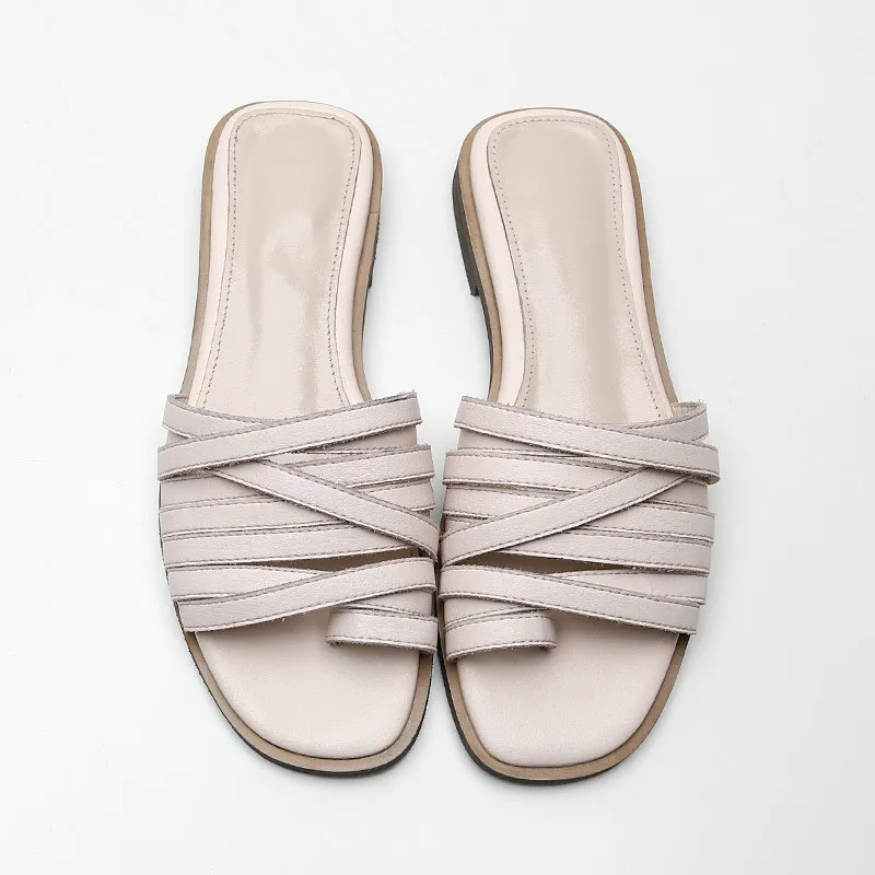 

women retro style multi narrow bands slippers genuine leather sheepskin soft flat flip flops big toe strap fashion casual shoes