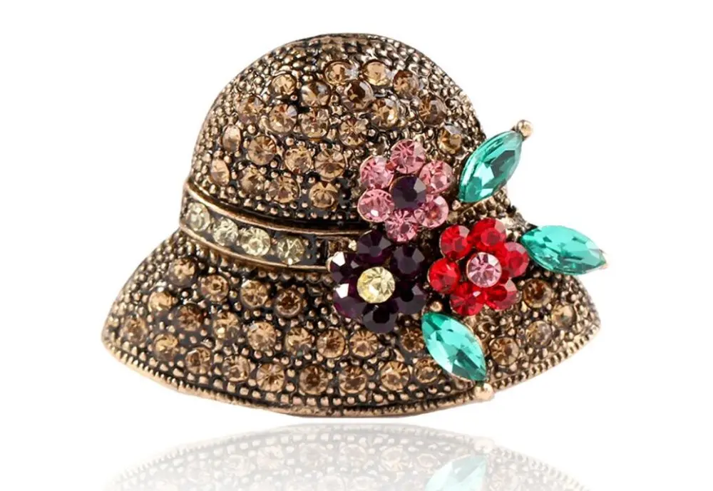 fashion women's laies'hat shape vintage crystal stone brooches antique silver gold color plated brooch one piece xyh203