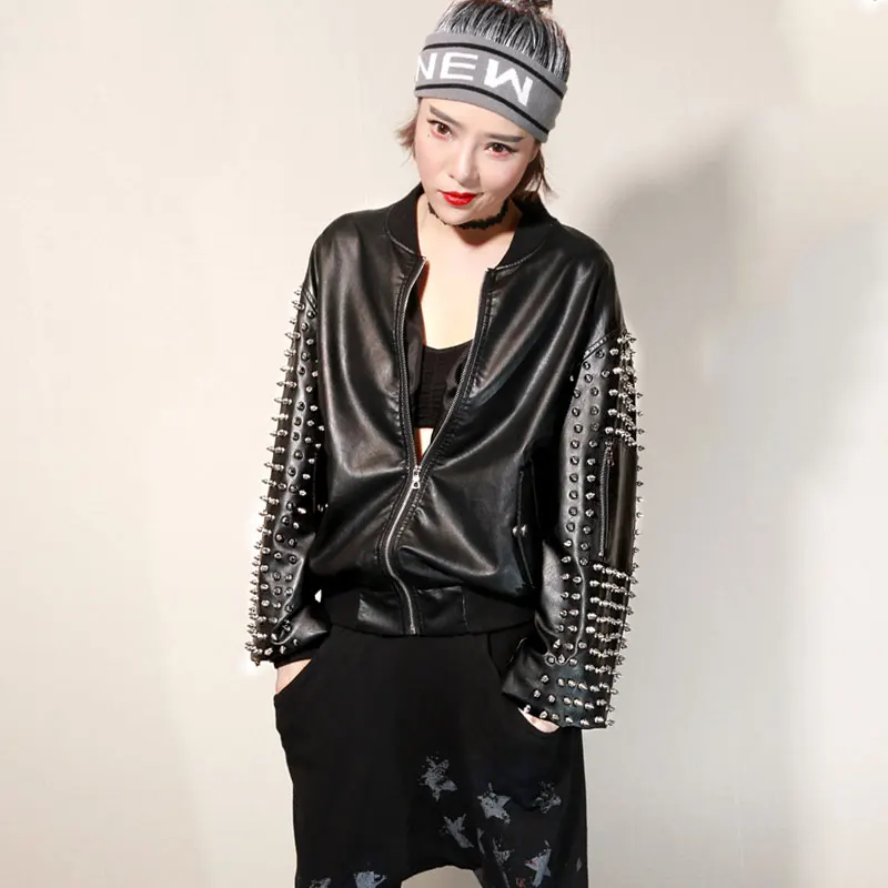

2019 Women Rivets Motorcycle PU Faux Leather Jacket Spike Studded Plus Size Loose Harajuku BF Streetwear Rock Punk Jackets 115