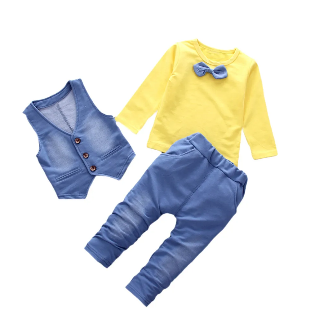 

2019 Children's Sets Fashion Baby Clothing Denim Style Long Sleeve Tie T-shirt+Pants+Vest Gentleman Clothes Set dropshipping