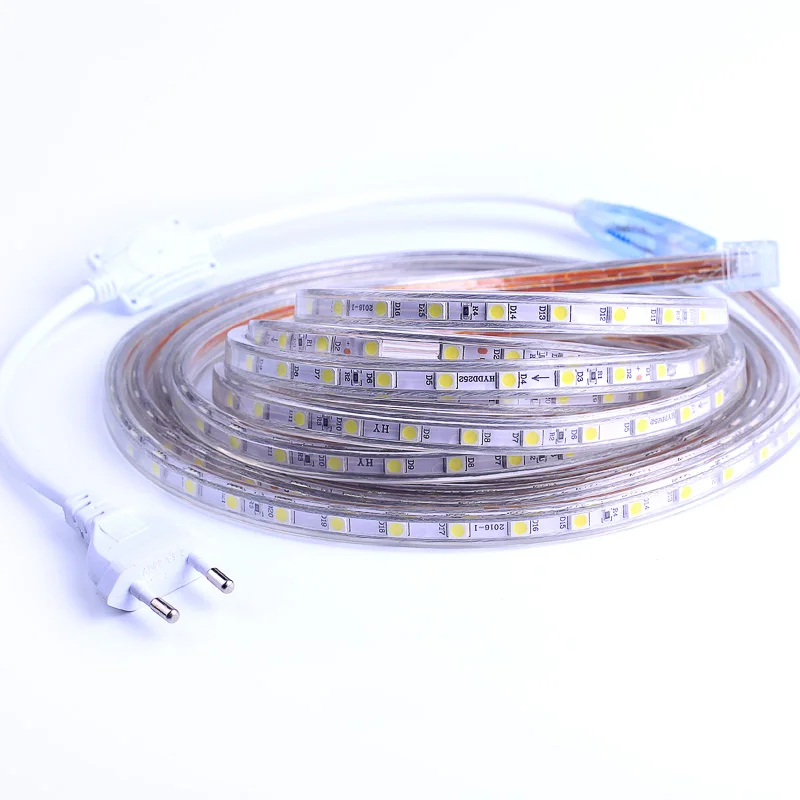 Elastyczna taśma ze światełkami LED SMD 5050 AC 220 V, 60 lampek LED/metr, wodoodporne, z wtyczką do zasilania, o długości 1/2/3/5/6/8/9/10/15/20m