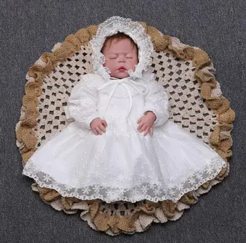 

2PCs per Set Baby Girl Baptism Dress Off White Infant Girl Christening Gown Babysbreath Lace Embroidered Cape Hat 0-24Months