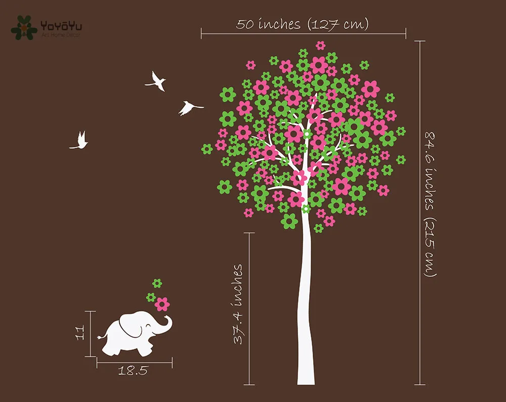 

Wall Decal Vinyl Sticker Nursery Large Tree With Birds Elephant Art Decor Custom Color Mural Kid Room Bedroom Poster DIY WW-345