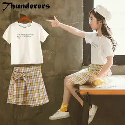 Комплекты одежды для девочек Летняя мода 2018 новая волна корейской моды хлопковая белая футболка клетчатая юбка студенческий стиль костюм