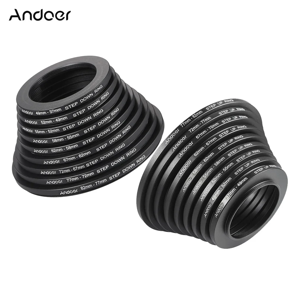 

Andoer 18pcs 37-49-52-55-58-62-67-72-77-82mm Aluminum alloy Step Up / Step Down Lens Filter Adapter Ring Kit