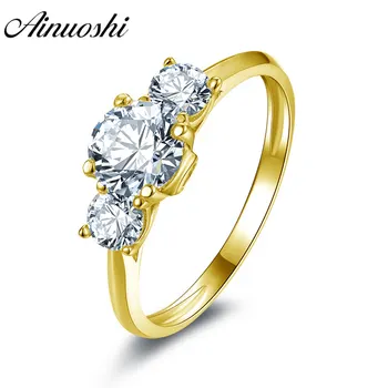

AINUOSHI Trendy 3 Stone Round Ring 14K Solid White/Yellow Gold Band 4 Claws Sona Simulated Diamond Women Wedding Engagement Ring