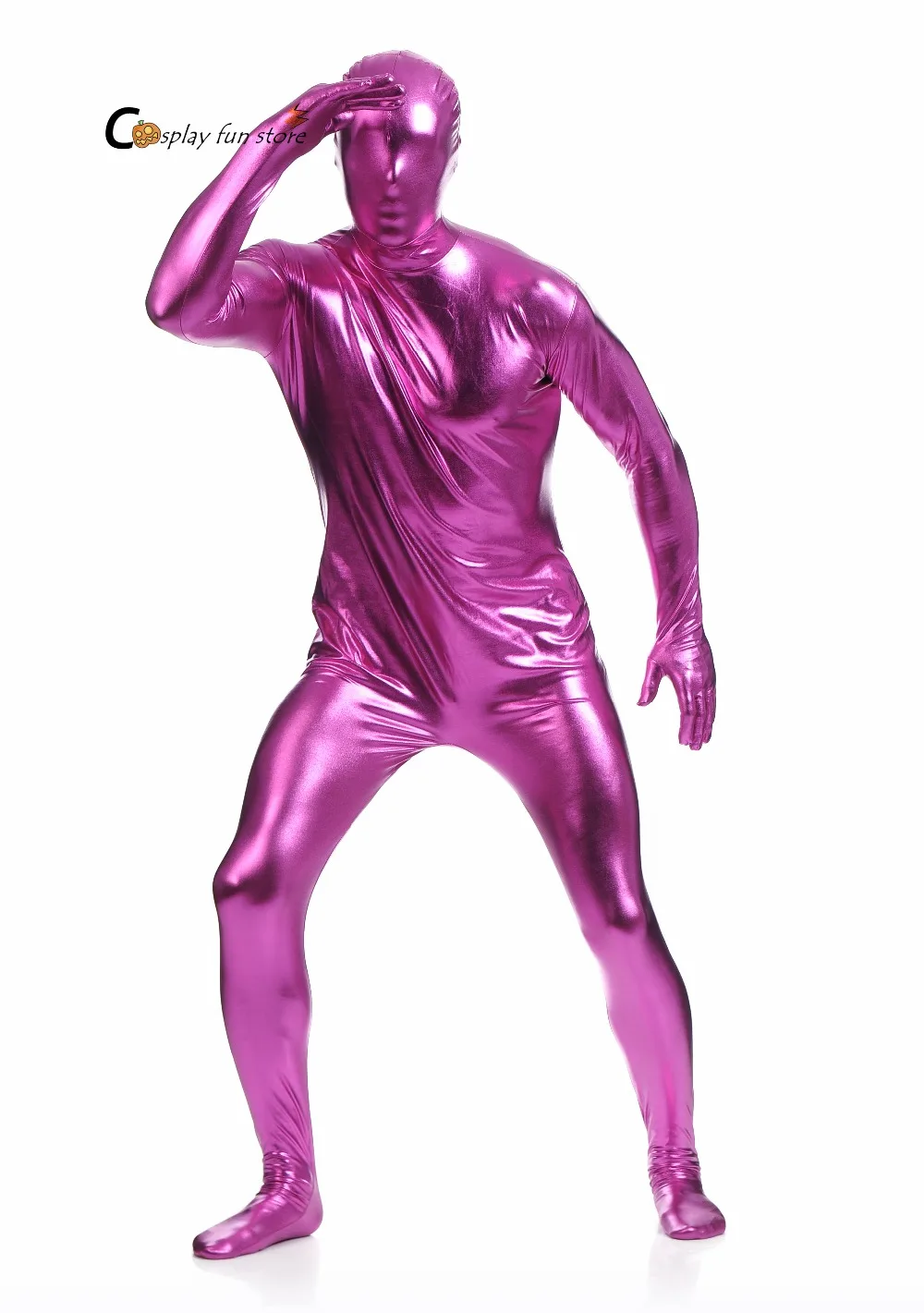 

2017 Shiny Lycra Spandex Shiny Pink Mens Unitard Catsuits Metallic Footed Zipper Zentai Bodysuit