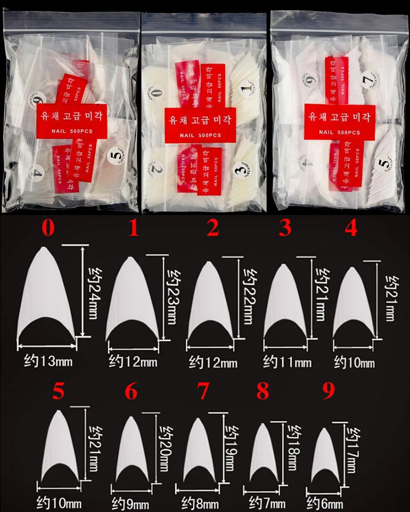 500 шт./пакет шпильки ОСТРЫЕ 3 цвета накладные акриловые ногти УФ гель ультра гибкие 0-9 Размер упаковка 500 поддельные накладные ногти искусство советы