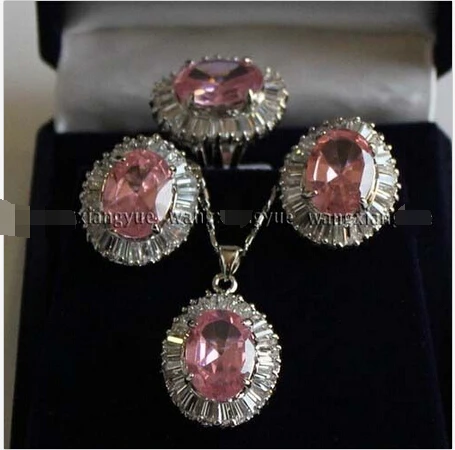 

FREE SHIPPING>>@> Pink Rose Crystal Link Earrings/Ring/ Necklace Pendant Set AAA^^^@^18K GP style Fine jewe Noble Natural jade N