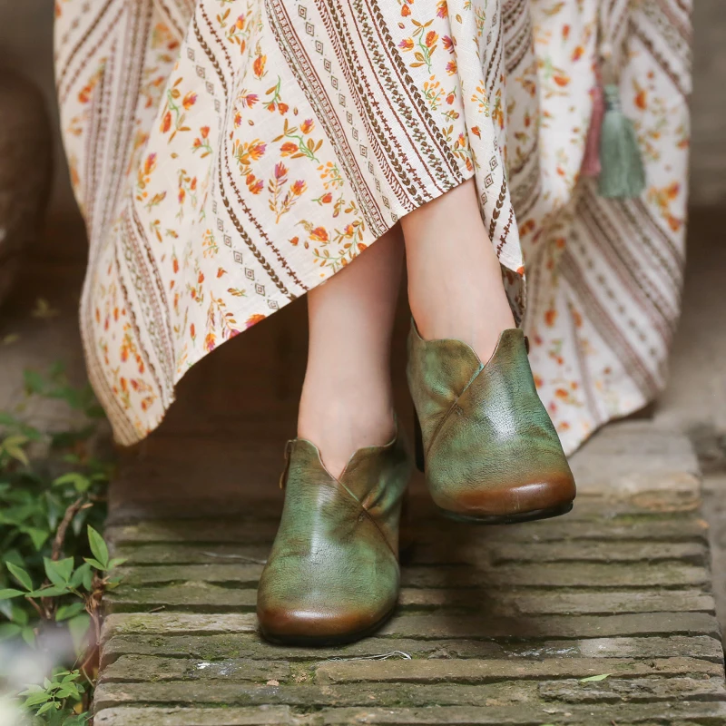

Women 6 CM High Heels Genuine Leather Women Pumps Green Autumn Shoes For Women Retro Ankle Boots Handmade Soft Leather Pumps