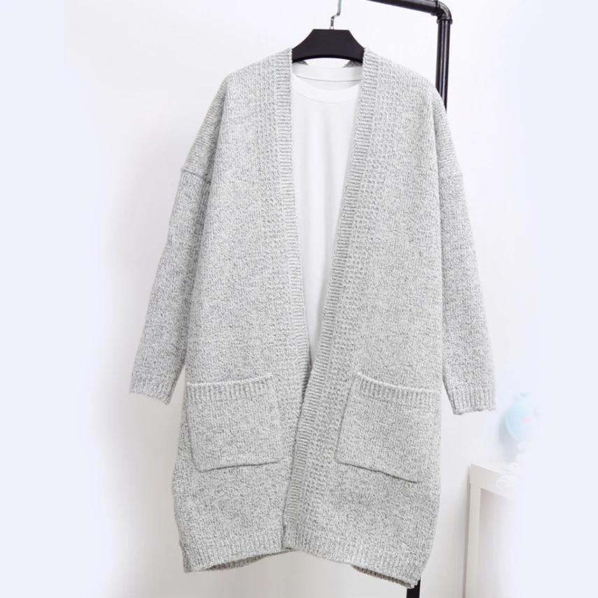 

2016 Autumn Women Long Cardigan Sweater Ladies Loose Knitted Cardigans Coat Korean Wild Pocket Poncho Gray Knitwear Sweater