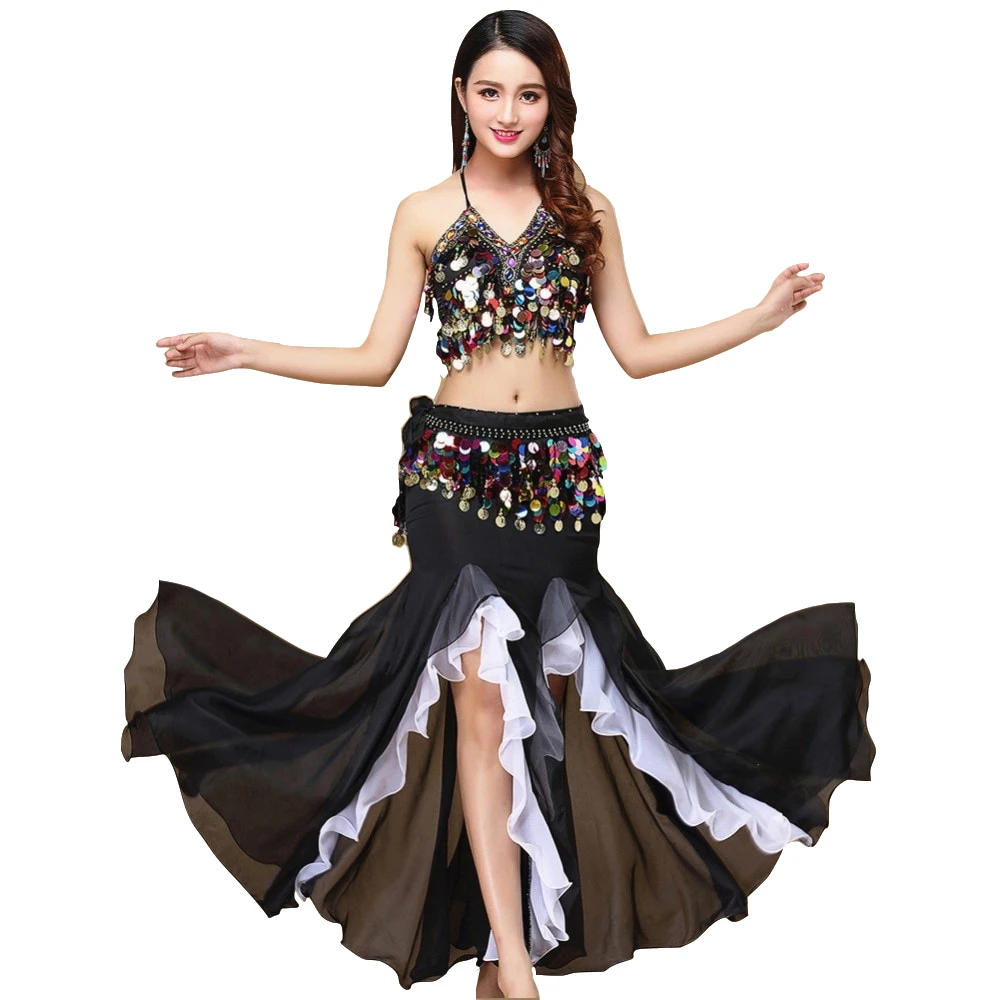 

9 Colors Belly Dance Costume Women Dance Coins Tops for Slim Gilrs Bellydance Sequins Beaded Outfits Bra Belt Skirt