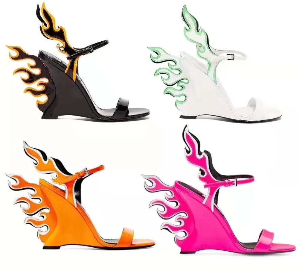 

Brand Star Runway Women Sandals Patent Leather Women Shoes Back Flame Wedges Shoes Women Chic Strap Closure Woman Gladiator