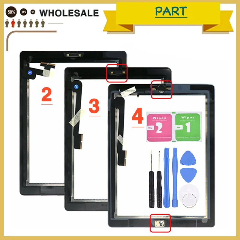 

For ipad A1395 A1396 lcd Touch Screen For ipad 2 / 3 / 4 Touch Panel Digitizer with home button flex sticker camera holder + too