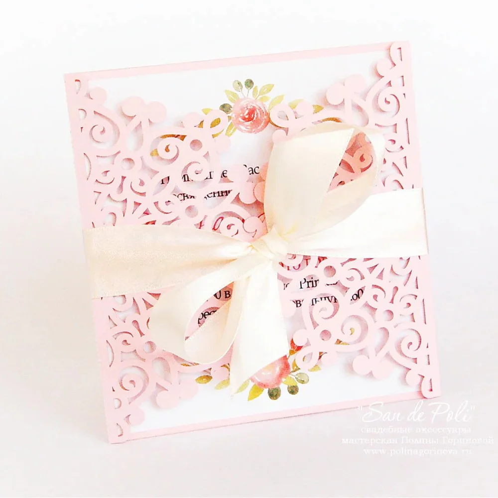 50 Kits New Pink Color Lace Print Invitations Cards For Wedding Blank