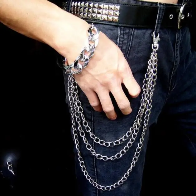 

Fashion Three Strands Metal Wallet Chain Silver 3Layer Rock Punk Hook Biker Trousers Pant Waist Link Belt Chain Men Jewelry