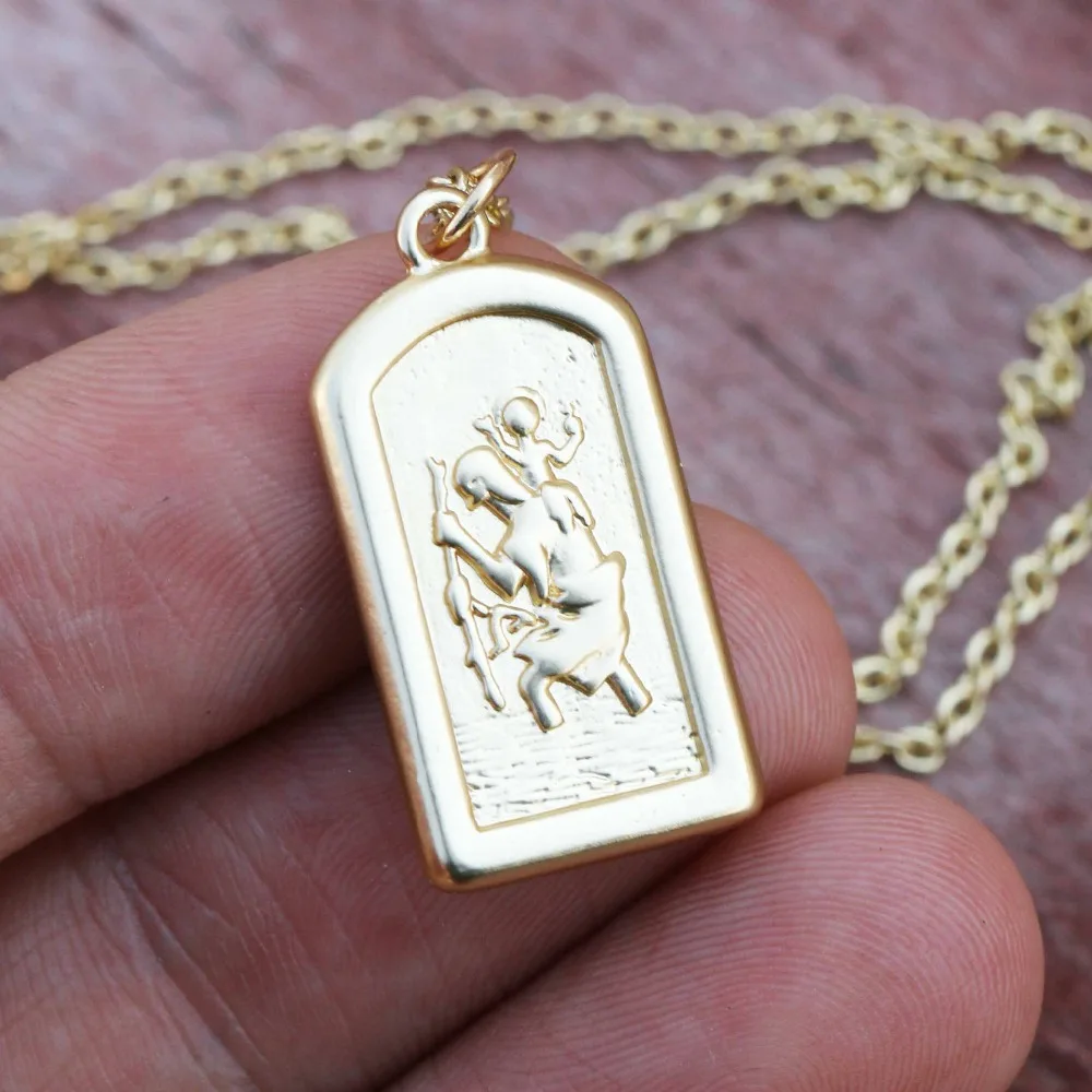 Tkuamigo Vintage Batism necklace 14*27mm Ladies Gold Color Saint Christopher Religious Jewelry