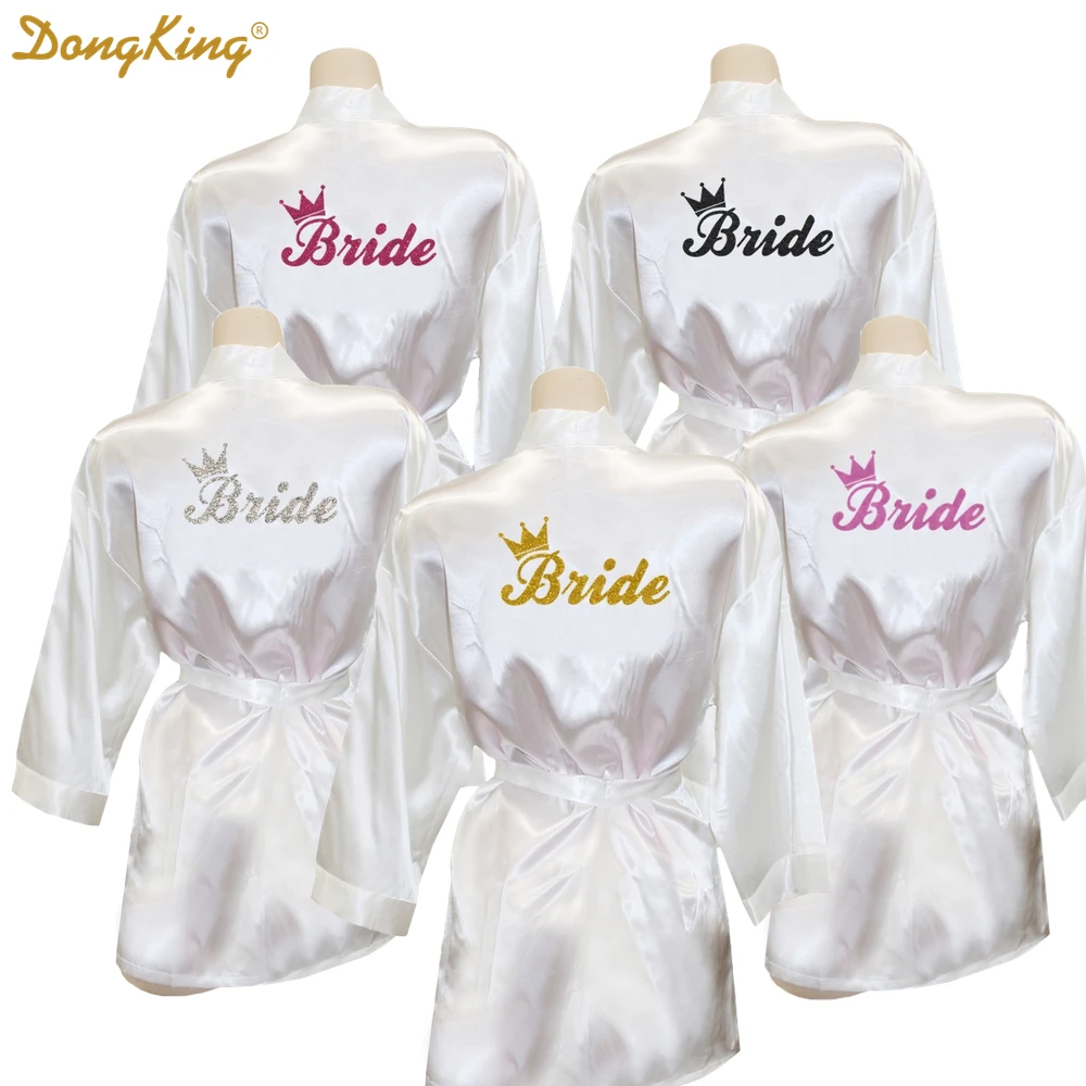 DongKing Bride Crown Robe Golden Glitter Print Kimono Robes Wedding Gift Faux Silk Bachelorette Bride Robes Love Dress 5 Colors