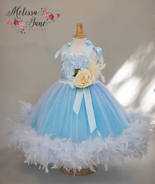 Best price at $119 Cheap Blue Little Girls Party Dresses Feather Flowers Square Neckline Hand Made Flowers Bowknot Floor Length Little Girls Party Dress