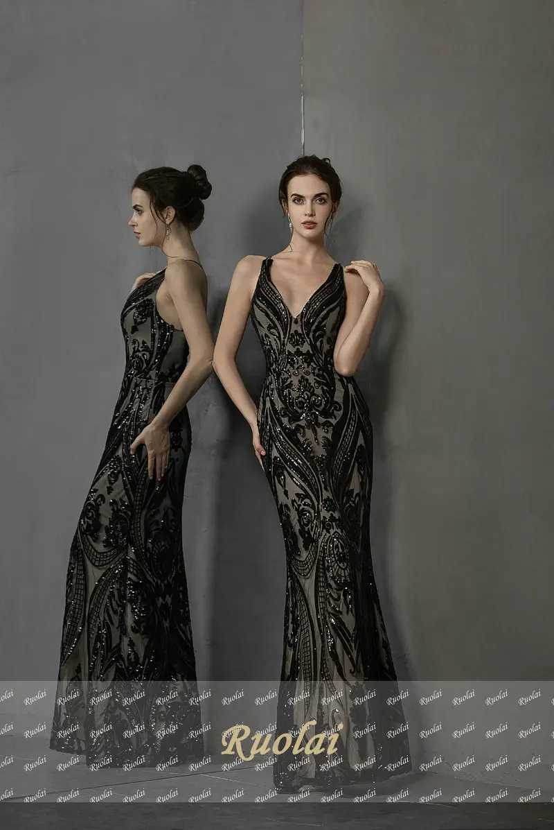 2019 Newest Black V-Neck Evening Dress Long Backless Evening Dresses for Ladies Women Party Gown vestidos de gala