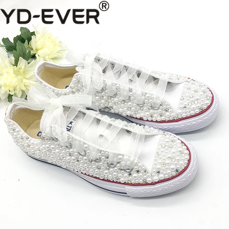 

Women Vulcanized Shoes White Pearls Flats Personalized Custom Letters Name Christmas Gift Rhinestone Beads Sneakers Casual Shoes