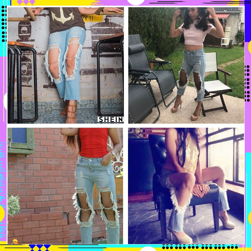 ROMWE Extreme Distressed Cropped Jeans Women Blue Cut Out Skinny Denim Pants Autumn Mid Waist Sexy Button Fly Casual Jeans
