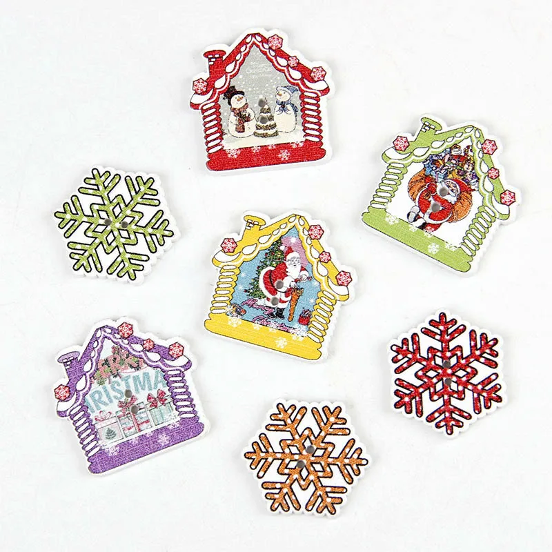 

50/30pcs Wood Buttons House Snowflake Shape Scrapbooking Christmas 2 Holes Mixed Christmas Santa Claus Print Sewing Supplies