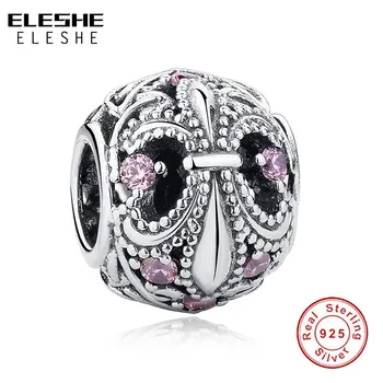 

ELESHE Original 925 Sterling Silver Charm fit Women Bracelet Necklace The Nature Fleur-De-Lis Pink Crystal Beads DIY Jewelry