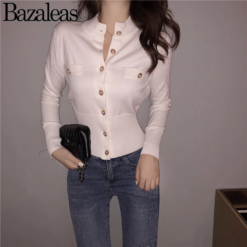

Knitted Pearl Buttons Women Cardigans Spring Elastic Sweaters Full Sleeve Casual Tops