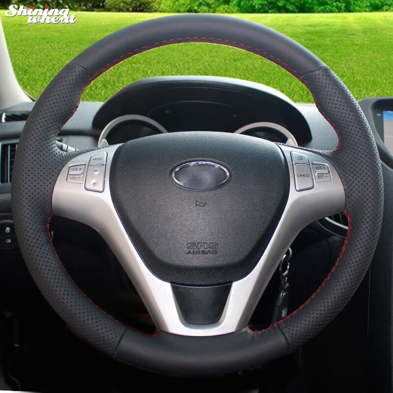 Чехол на руль автомобиля BANNIS прошитый вручную из черной кожи для Hyundai Rohens Coupe 2009 |