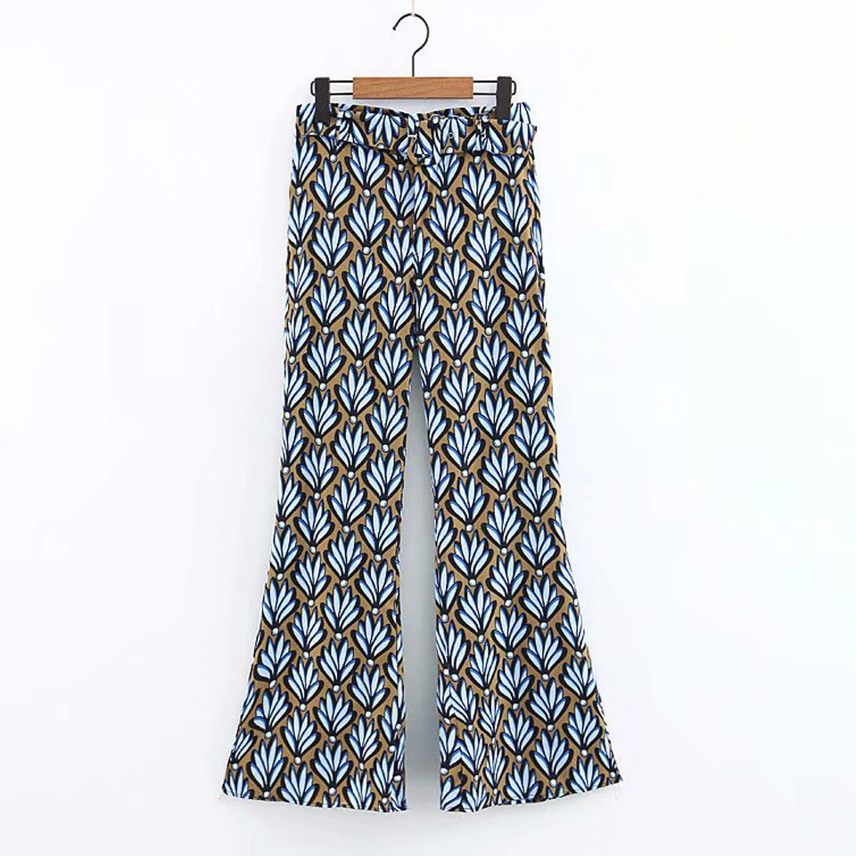 

Women 2019 Summer Print Boot Cut Pants Fashion High Waist Twill Belt Pants Female Casual Elegant Full Length Pants Trousers