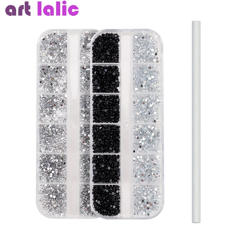 

1.5mm + 2.0mm Nail Rhinestones with Dotting Pen Flat Bottom Clear Black White Glitters Container Case DIY Nail Art Decorations