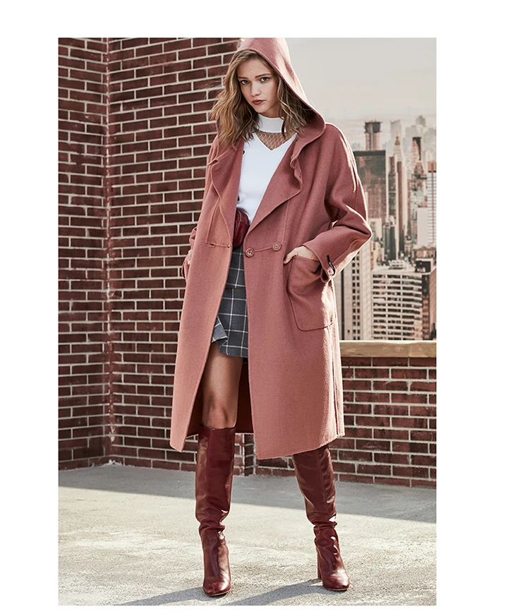 Только женское зимнее новое длинное шерстяное пальто с капюшоном ручной работы с большим карманом | 11834S520