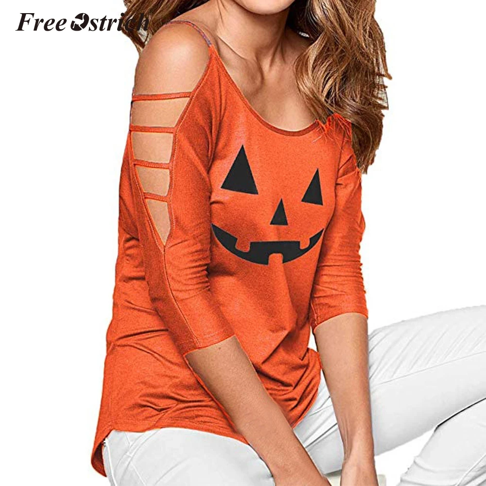 

Free Ostrich Halloween Blouse 2019 Women Autumn Womens Tops Blouses Long Sleeve Casual Hollow Halloween Print Shirt Blouse N30