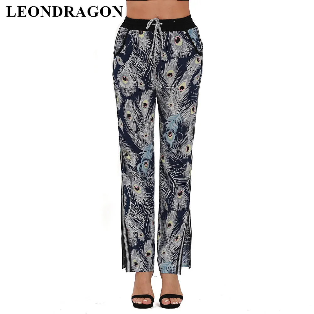 Summer Beach Split Wide Leg Sweatpants Ladies Peacock Feather Print