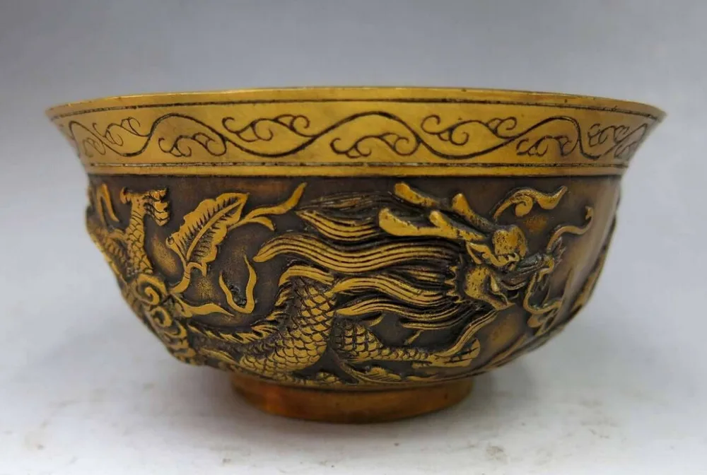 

bi002556 China bronze gild carved beautiful two dragon sculpture bowl pot Statue