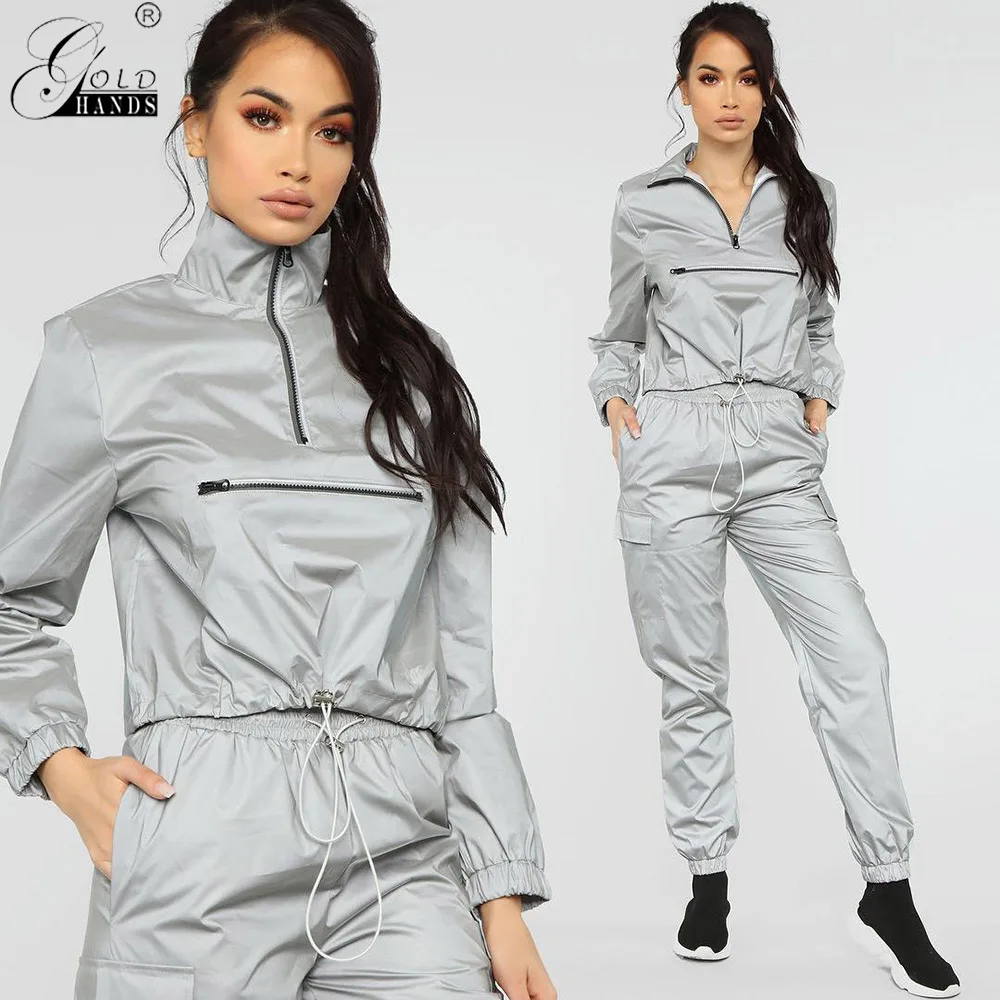 

Gold Hands Women Casual Jackets Hip Hop Feminina Reflective Jacket Women Elastic Waist Strap Short Waterproof Windbreaker Coat