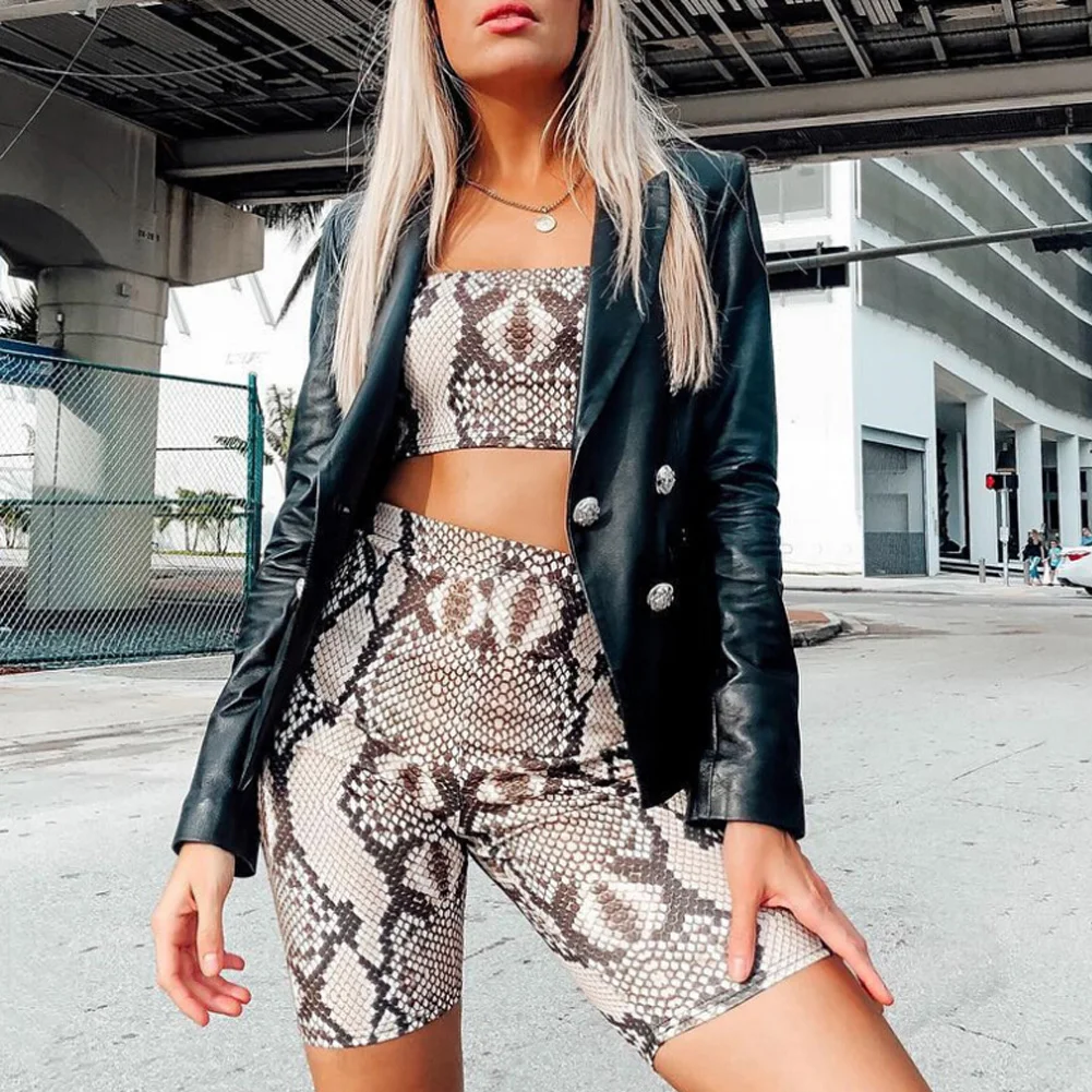 

Sexy Women 2 Pieces Set Snake Printed Bodycon Crop Top+Shorts Summer Beach Bandeau Short Top Sunsuit Womens