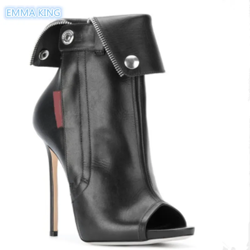 

Gladiator Style Peep Toe High Heels Ankle Boots Women Spring Autumn Folded Zipper Design Martin Boots Stilettos Sexy Shoes Woman