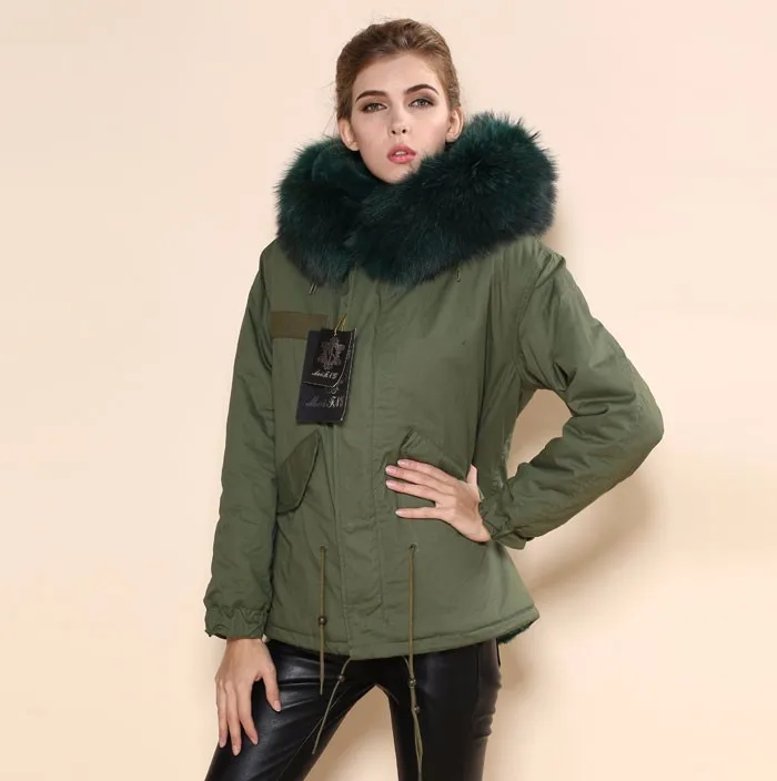 Темно-зеленый элегантный натуральный мех для девушек воротник пальто большой воротник куртка с капюшоном армейско-зеленого цвета W/W пальто