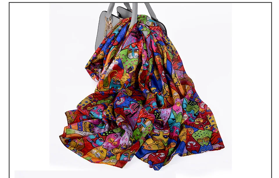 [BYSIFA] шарф из натурального шелка,, Мультяшные Коты, дизайнерские женские длинные шарфы, весна-осень, женские хиджабы, шарфы, летняя пляжная шаль