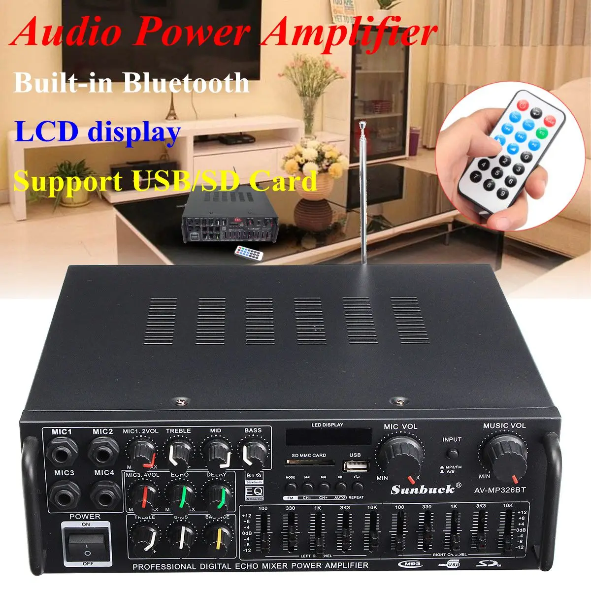 Baratos 2000W bluetooth 2,0 canales Audio HiFi amplificador estéreo 326BT 12 V 220 V AV Amp altavoz soporte 4 micrófono reverberación equilibrio