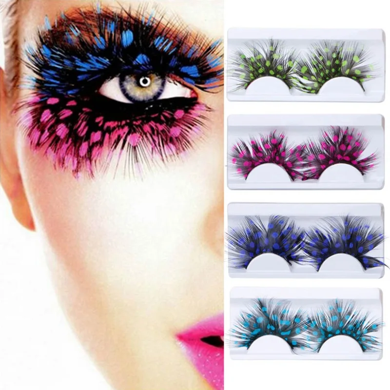 

1 Pair False Eyelashes Exaggeration Feather Cosmetic Party Colorful Eye Lashes 9 Colors Peacock Spotted Color Stage False