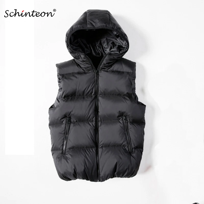 

2018 Schinteon High Quality Winter Down Vest with Hood Coats Black Warm Casual Jacket 95% White Duck Down Clothing