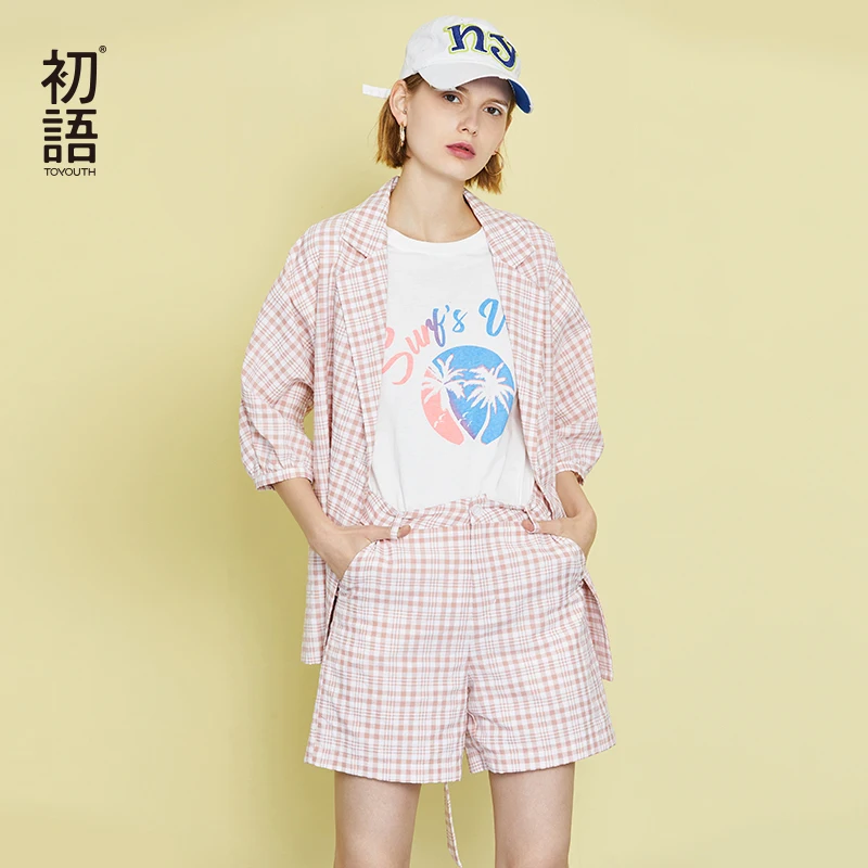 

Toyouth Women Plaid Work OL Suit Female Blazer And Shorts Suit Set Female Coat Chic Suit Women Office 2 Pieces Outfits Feminino